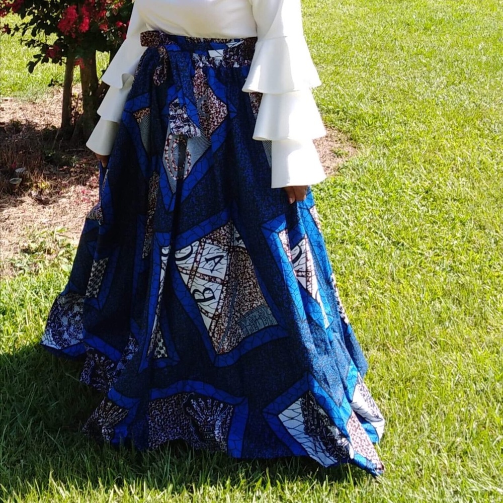 Women Long Blue  African Print Maxi Skirt